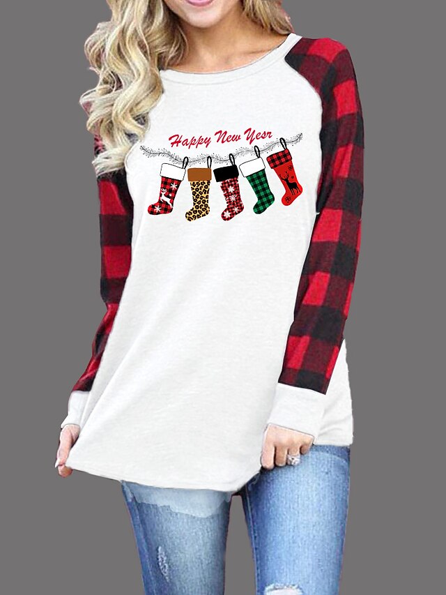  Women's T shirt Plaid Graphic Letter Round Neck Patchwork Basic Christmas Tops White