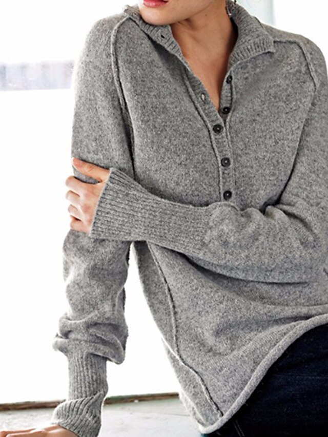  Women's Pullover Solid Color Knitted Long Sleeve Sweater Cardigans Fall Crew Neck Blue Gray Green