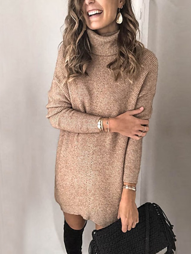  Women's Sweater Jumper Dress Short Mini Dress Gray Khaki Long Sleeve Solid Color Print Fall Turtleneck Elegant Slim 2021 S M L XL / Plus Size / Plus Size