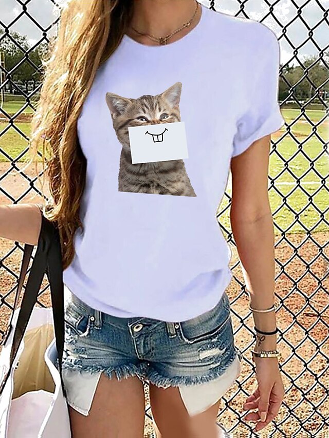  Mulheres Camiseta Tema Borboleta Gato 3D Gato Gráfico Borboleta Decote Redondo Imprimir Básico Blusas Solto 100% Algodão Gato Roxo Arco-íris