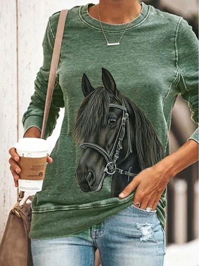  Damen T-Shirt 3D Tier Rundhalsausschnitt Bedruckt Grundlegend Oberteile Lose Blau Grau Grün