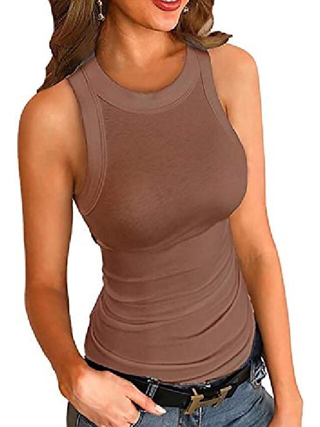  tops de cuello redondo para mujer camiseta sin mangas sexy de color sólido sin mangas, marrón, m