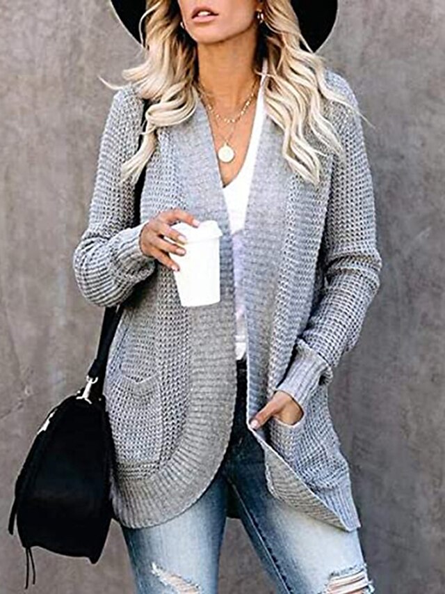  Women's Knitted Solid Color Cardigan Long Sleeve Sweater Cardigans V Neck Fall Winter White Black Wine