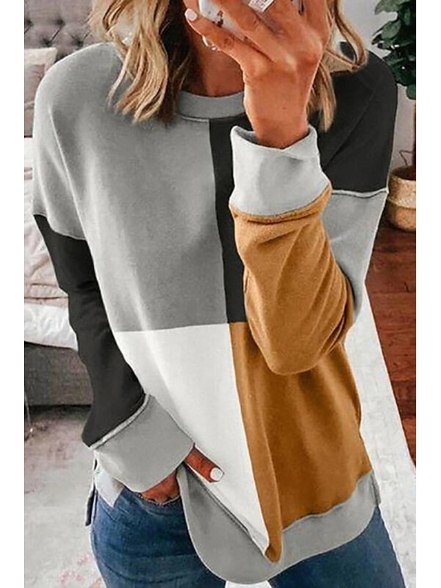  Women's Pullover Sweater Jumper Knit Knitted Crew Neck Color Block Stylish Fall Winter Gray S M L / Long Sleeve / Loose