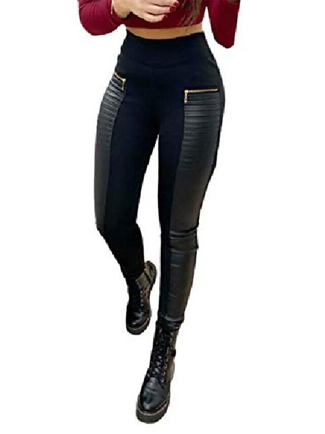  Frauen Pu Leder Kontrast Reißverschluss Design hohe Taille Röhrenhose s schwarz