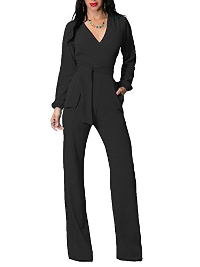  tm kvinners elegante, dype v-hals casual, slanke langermede jumpsuits med lomme (4-6, svart)