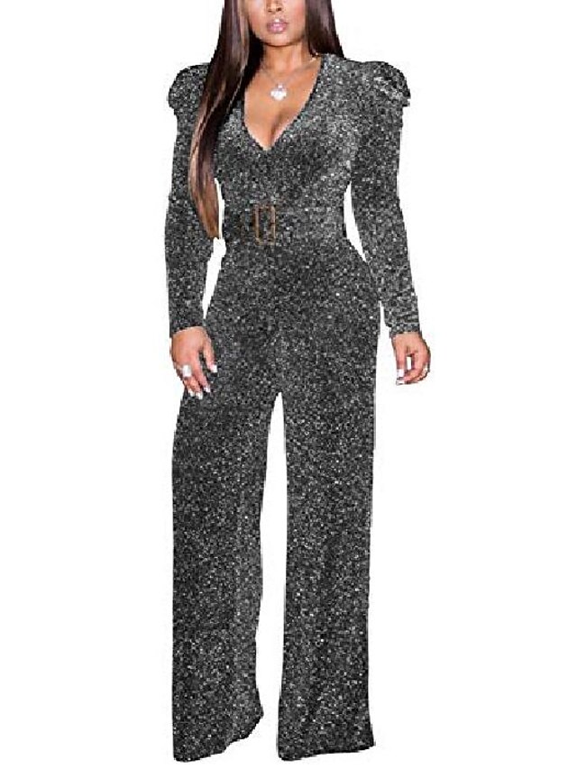  sparkly sexy jumpsuits for women wide leg pants ruffle long sleeve elegant rompers playsuit clubwear sliver