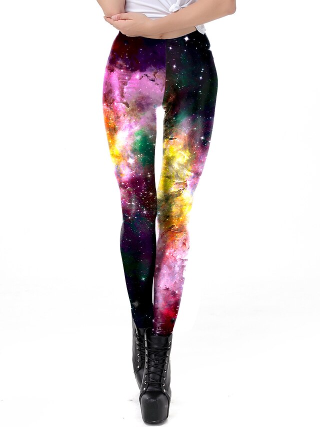  Women's Sporty Print Leggings Full Length Pants Galaxy Patterned Gym Yoga Comfort Sports Skinny High Waist Black S M L XL