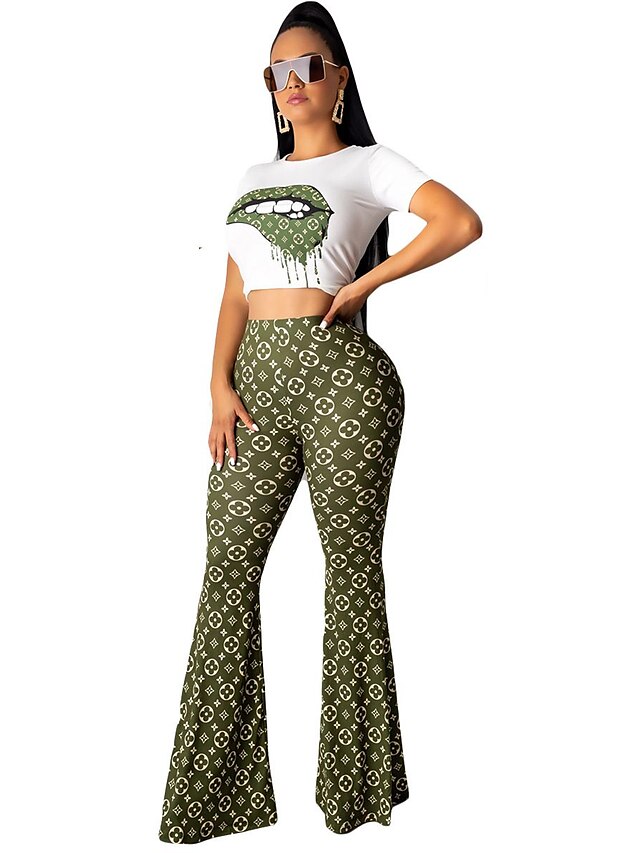  Women's Streetwear Print Going out Casual / Daily Two Piece Set Crop Pant Loungewear Patchwork Tops