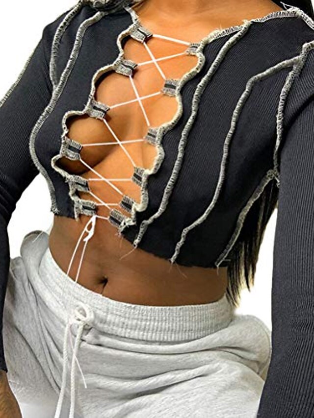  Camiseta corta de manga larga con cordones en la parte delantera para mujer, camiseta acanalada cruzada, top negro
