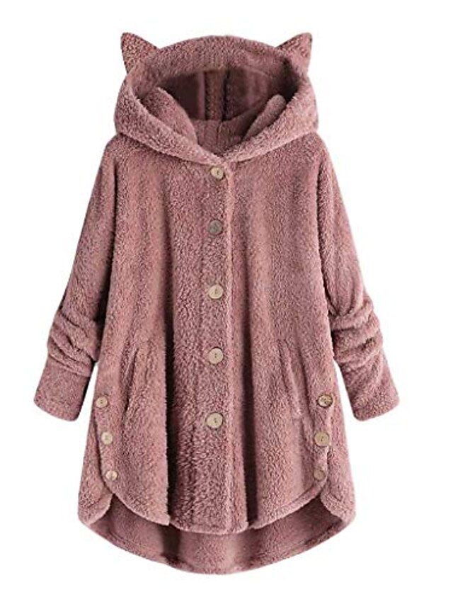  kvinders afslappet solid knap langærmet katteør varme plys hættetrøje jakke frakke overtøj toppe efterår vinter lyserød