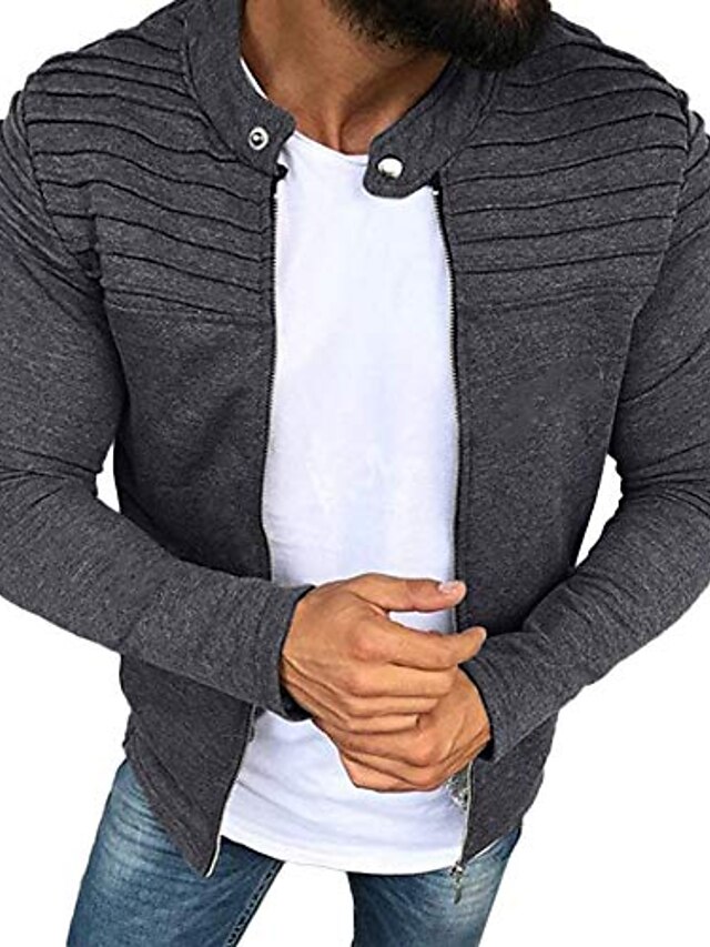  jaqueta masculina justa pregueada slim fit listrada raglan com zíper cinza desgaste externo