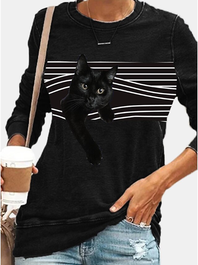  Women's Hoodie Sweatshirt Striped Cat Graphic Daily Casual Hoodies Sweatshirts  Black