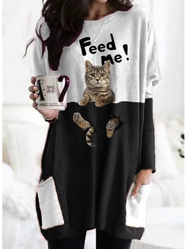  Women's T shirt Dress Tunic 3D Cat Cat Plaid Graphic Prints Round Neck Pocket Patchwork Print Basic Tops Black Red White
