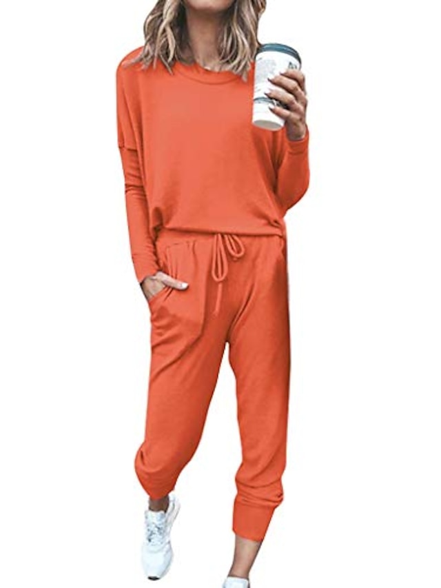  zweiteiliges Outfit Trainingsanzüge sexy Frauen Trainingsanzüge Rundhalsausschnitt lange Hosen orange xxl