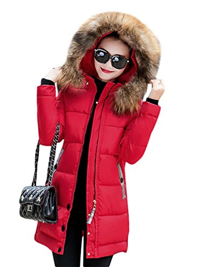  Abrigo de plumón cálido de invierno para mujer, chaqueta acolchada con capucha de piel sintética, abrigo largo, rojo medio