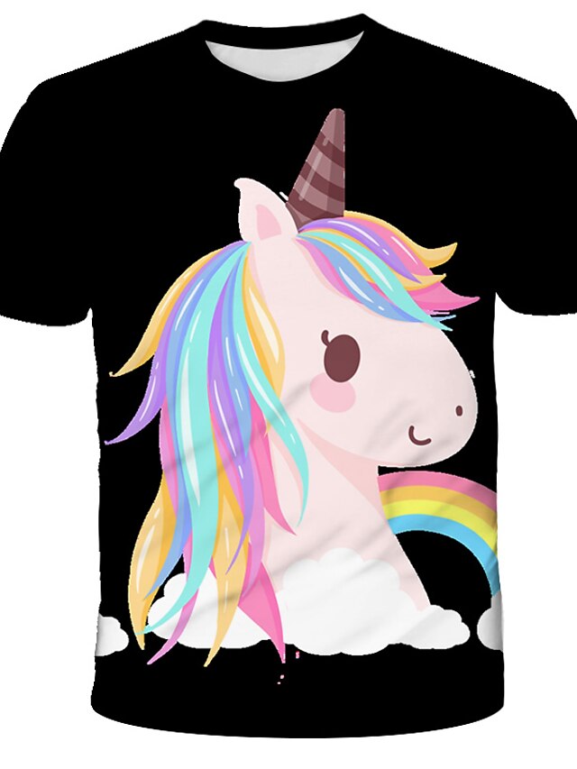 Kids Girls' T shirt Tee Short Sleeve Unicorn Graphic Color Block 3D Print Black Children Tops Active Cute
