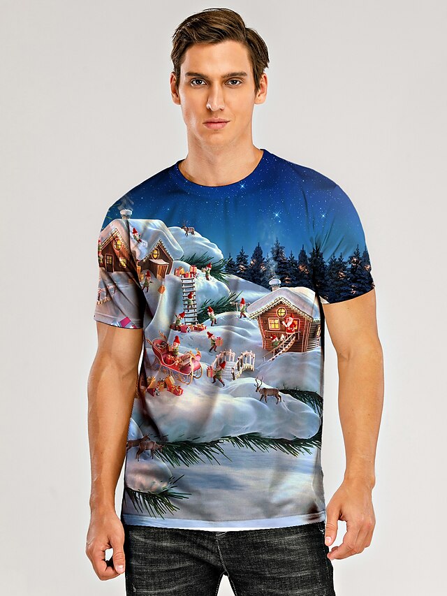  Herre T-shirt 3D-udskrivning Grafisk 3D Trykt mønster Kortærmet Jul Toppe Blå