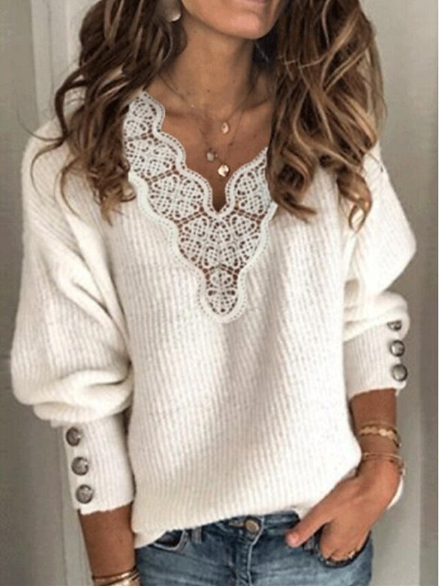  Women's Sweater Pullover Jumper Solid Color Knitted Lace Trims Button Stylish Elegant Casual Long Sleeve Sweater Cardigans Fall Winter V Neck Blue Black Gray / Holiday / Regular Fit / Going out