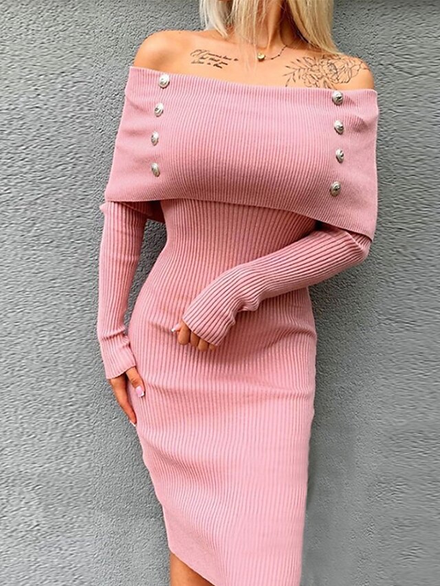  Women's Sweater Jumper Dress Midi Dress Black Blushing Pink Long Sleeve Solid Color Fall Winter Off Shoulder Work Elegant 2021 S M L XL