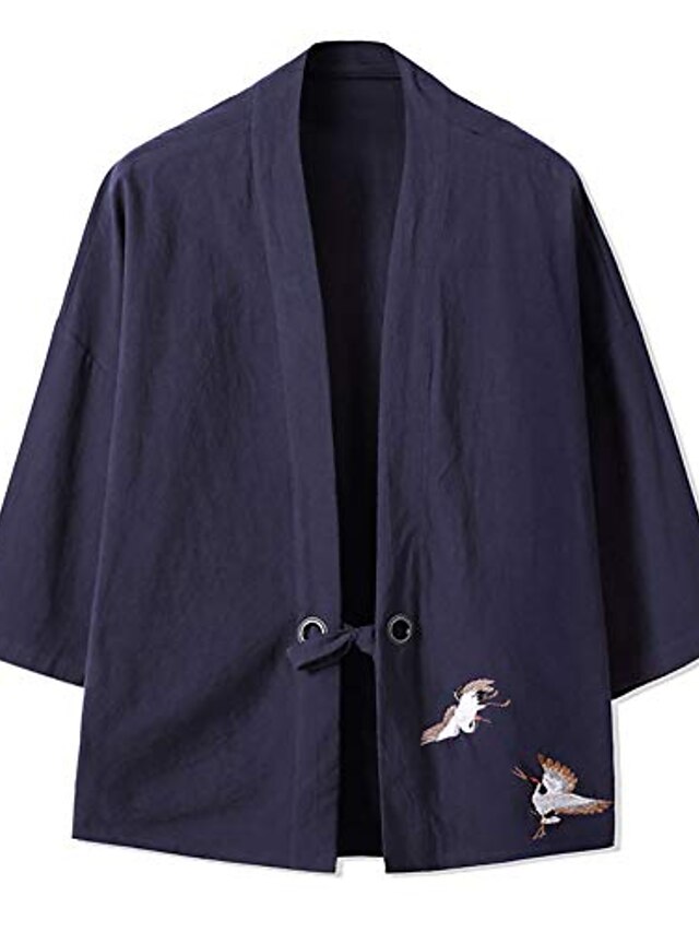  veste kimono japonaise pour homme yukata casual lin sept manches léger imprimé grue cardigan chemises (39-marine, xl)