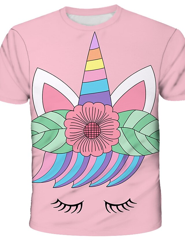  Børn Pige T-shirt Kortærmet enhjørning Blomstret Farveblok 3D Dyr Trykt mønster Lyserød Børn Toppe Sommer Aktiv