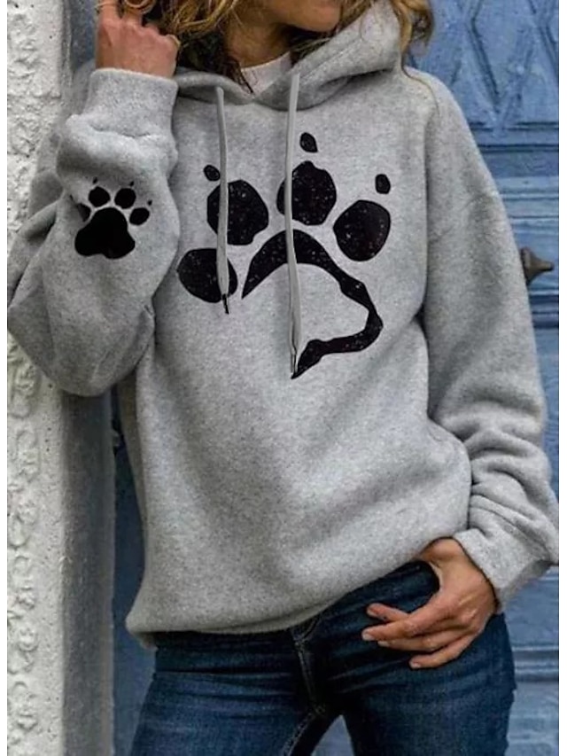  Women's Hoodie Pullover Print Basic Cat black Silver Light Gray Cat Dog Heart Casual Long Sleeve Hooded Cotton S M L XL XXL