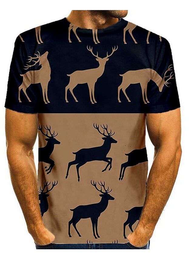  T-Shirt für Herren, 3D-Druck, Grafik, 3D-Animal-Print, Kurzarm-Tops, Rundhalsausschnitt, Khaki