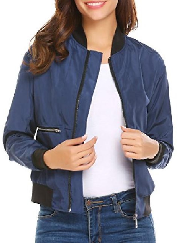  Women's Coat Solid Color Fashion Sporty All Seasons Regular Coat Date Jacket Blue
