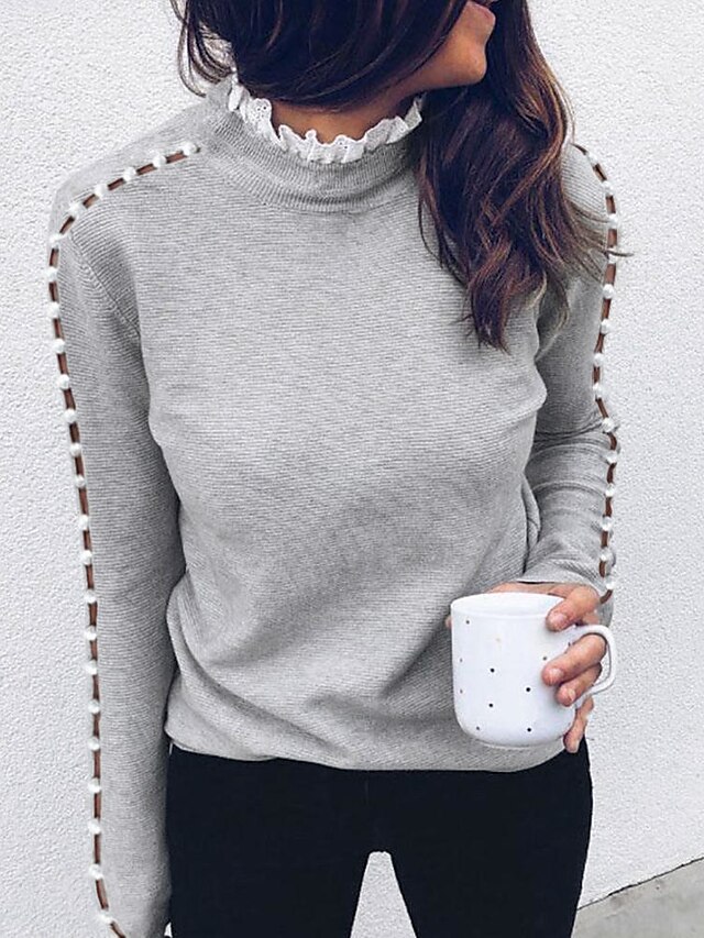  Women's Pullover Solid Color Hollow Out Hollow Long Sleeve Sweater Cardigans Fall Winter Turtleneck Gray