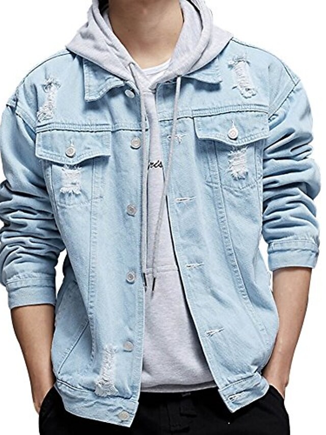  men's distressed ripped denim jacket button down jean trucker coat (light blue, large)