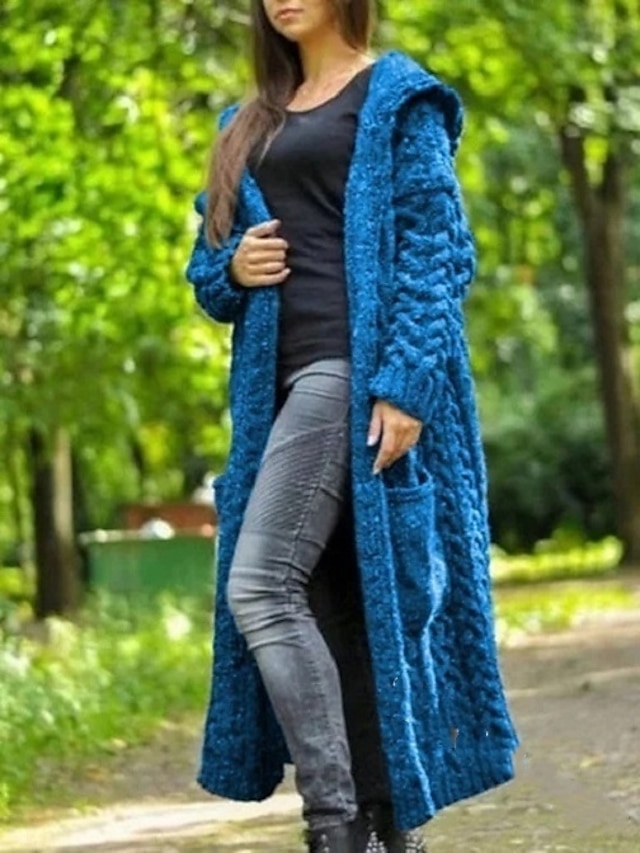  Women's Cardigan Solid Color Pocket Plus Size Long Sleeve Loose Sweater Cardigans Fall Winter Hooded Blue Yellow Wine