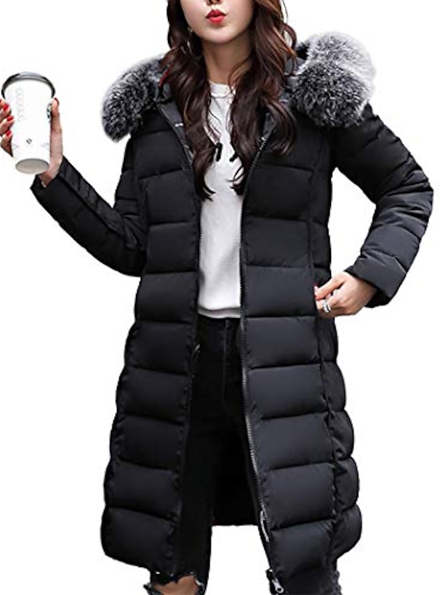  Casaco estreito feminino quente de inverno jaqueta longa parka de pele sintética com capuz