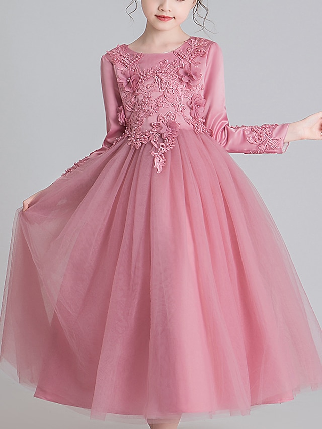  Børn Pige Kjole Blomstret Langærmet Net Aktiv Sød Stil Polyester Maxi Pink prinsesse kjole Hvid