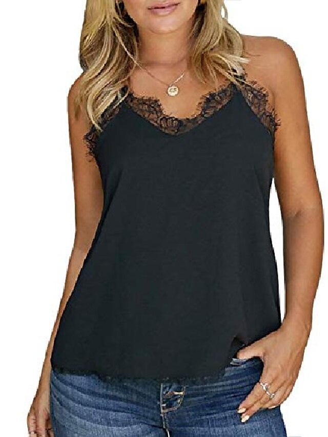  Mujeres sexy cuello en v de encaje correa de espagueti cami camiseta sin mangas de verano camisola fluida camisas sin mangas negro x-large