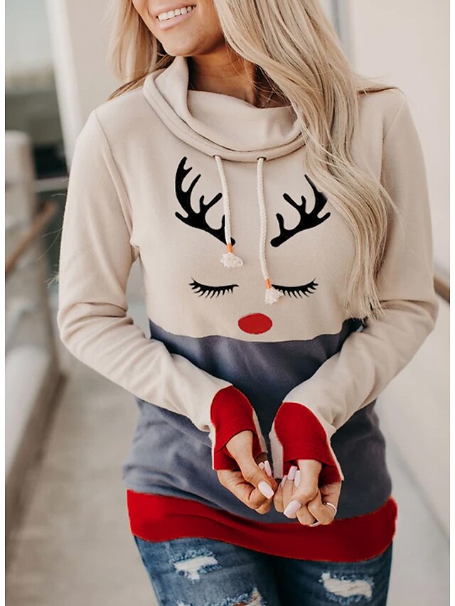  Damen Grafik Farbblock Pullover Hoodie Sweatshirt Täglich Alltag Weihnachten Kapuzenpullover Sweatshirts Beige