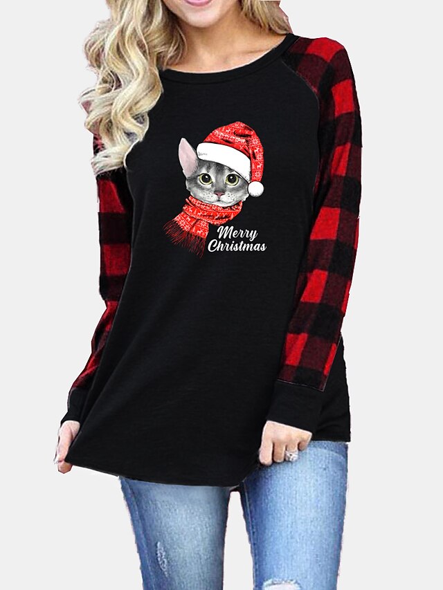  Women's Christmas T shirt Cat Plaid Graphic Long Sleeve Patchwork Round Neck Tops Basic Christmas Basic Top Black Gray
