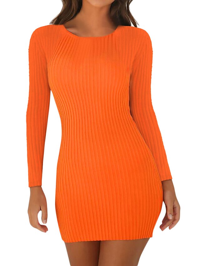 Damen Pullover Pullover Kleid Minikleid Orange Schwarz Rote Langarm Volltonfarbe Patchwork Herbst Rundhalsausschnitt Sexy Ausgehen Schlank 2021 S M L XL