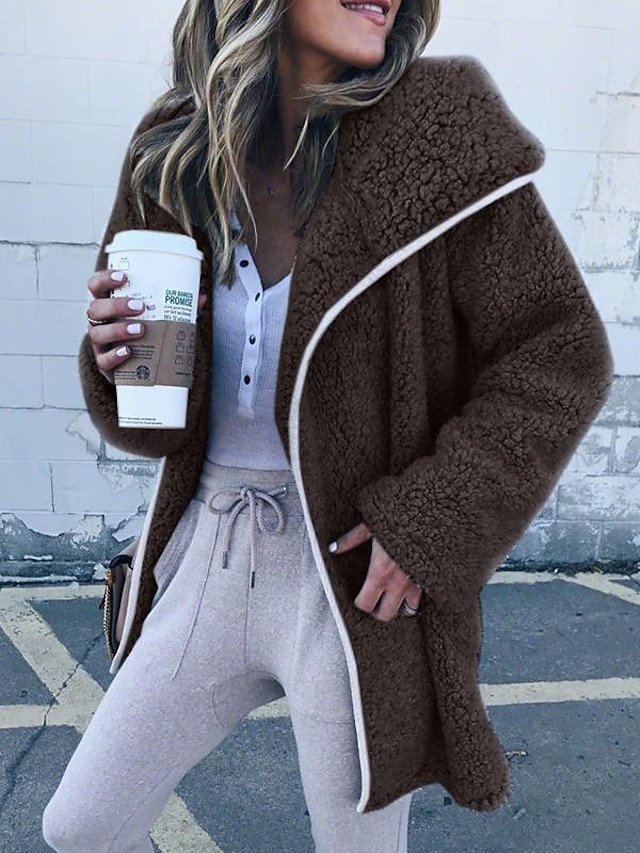  Women's Solid Colored Basic Fall & Winter Teddy Coat Regular Daily Long Sleeve Fleece Coat Tops White