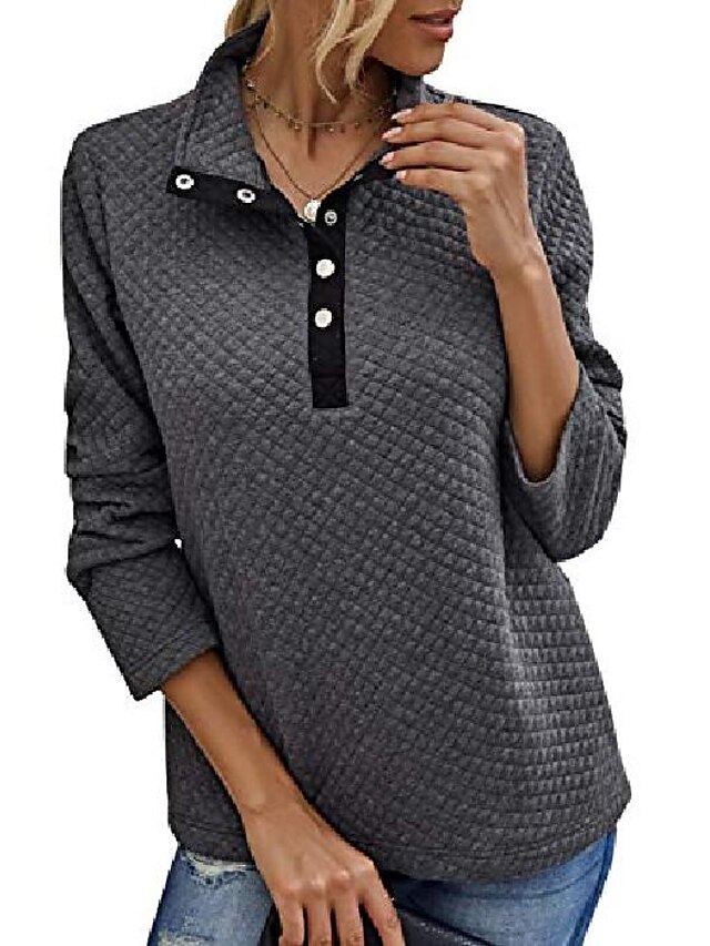 women fashion quilted pattern lightweight zipper long sleeve plain casual ladies sweatshirts pullovers shirts tops (buttons grey, x-large)