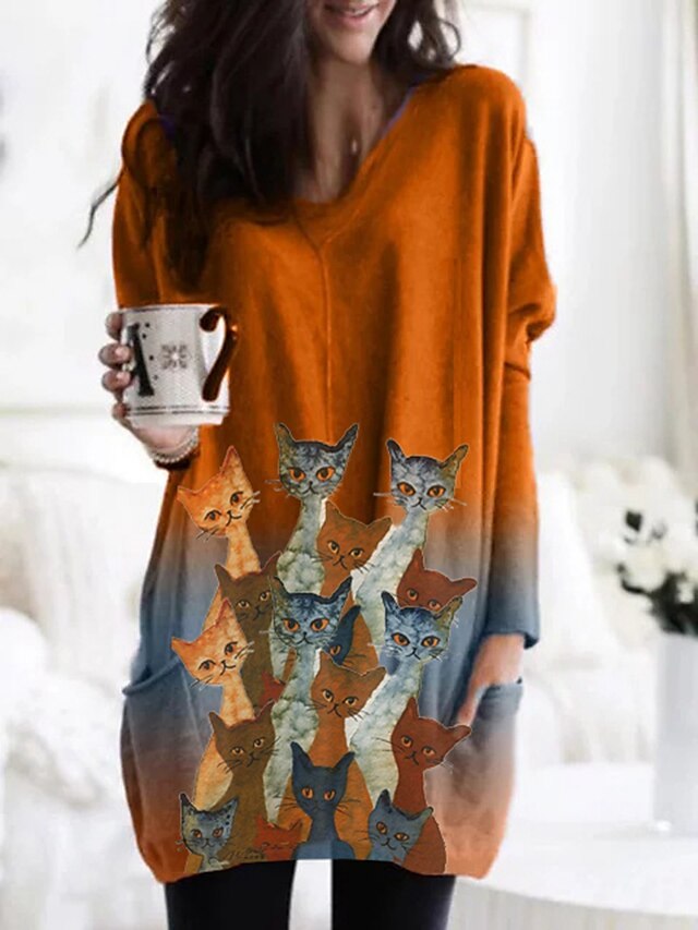  Damen T Shirt Kleid Minikleid Orange Langarm Druck Katze Batik Tasche Patchwork Druck Herbst Frühling V-Ausschnitt Büro Freizeit Lose 2021 M L XL XXL 3XL