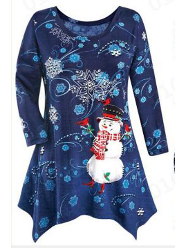  Mulheres Túnica Azul Floco de Neve Assimétrico Imprimir Manga Longa Natal Diário Básico Natal Decote Redondo Normal Tamanho Grande