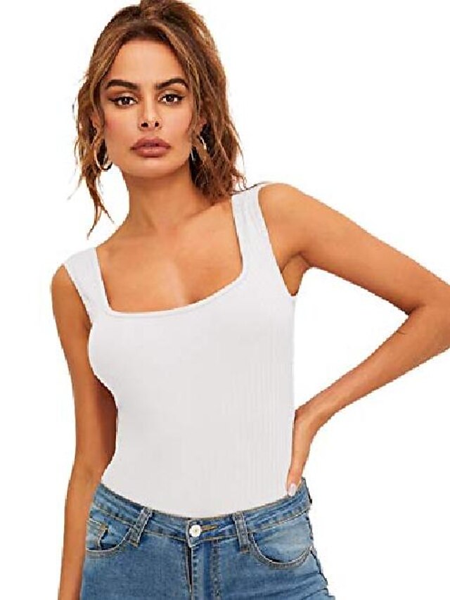  Camiseta sin mangas de algodón de punto acanalado con cuello cuadrado sin mangas para mujer