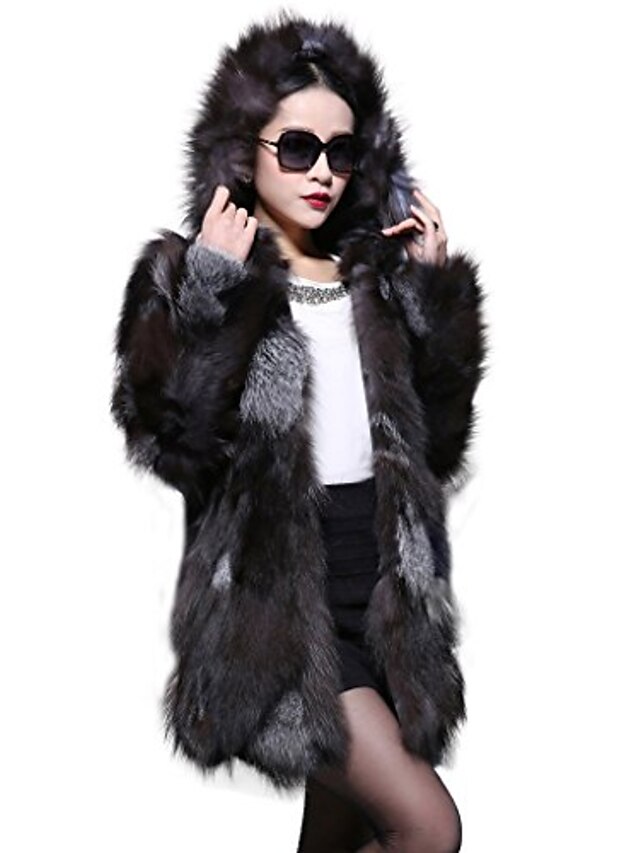  women's long real silver fox fur coat with hood us 12
