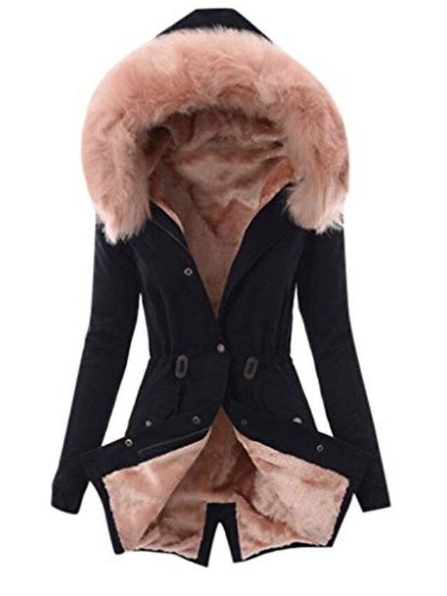  Casaco feminino com forro de pele quente com capuz slim fit parka casaco grosso longo casaco de inverno rosa