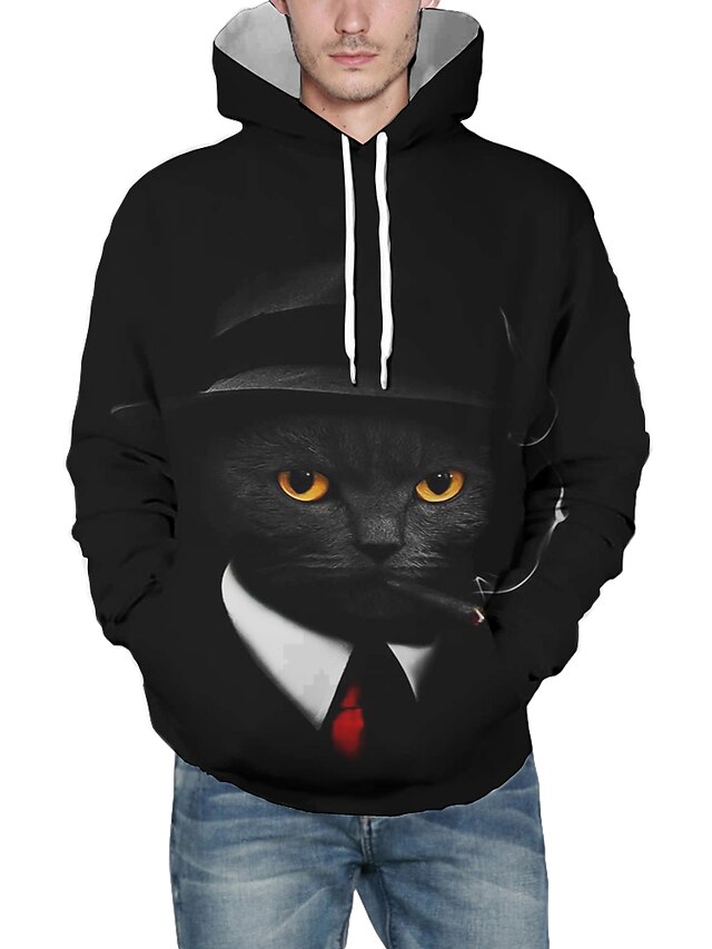  Men's Cat Graphic 3D Pullover Hoodie Sweatshirt Front Pocket 3D Print Daily 3D Print Hoodies Sweatshirts  Black