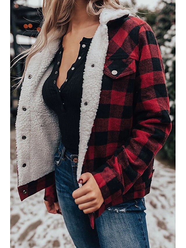  Women's Plaid Fur Trim Streetwear Fall & Winter Jacket Regular Going out Long Sleeve Cotton Blend Coat Tops Red