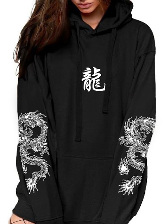  Women's Hoodie Pullover Dragon Graphic Front Pocket Daily Basic Casual Hoodies Sweatshirts  Black
