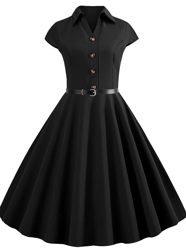  Women's Swing Dress Knee Length Dress Black Short Sleeve Solid Color Patchwork Button Summer V Neck Shirt Collar Vintage Cotton 2021 S M L XL XXL
