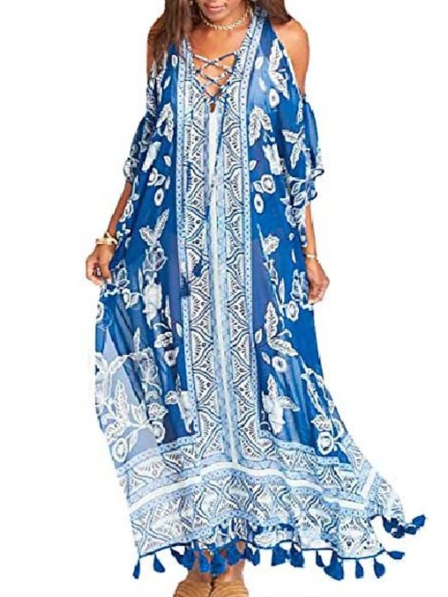  caftan turc imprimé pour femme en mousseline de soie caftan loungewear beachwear bikini maillot de bain cover up dress (bleu c)